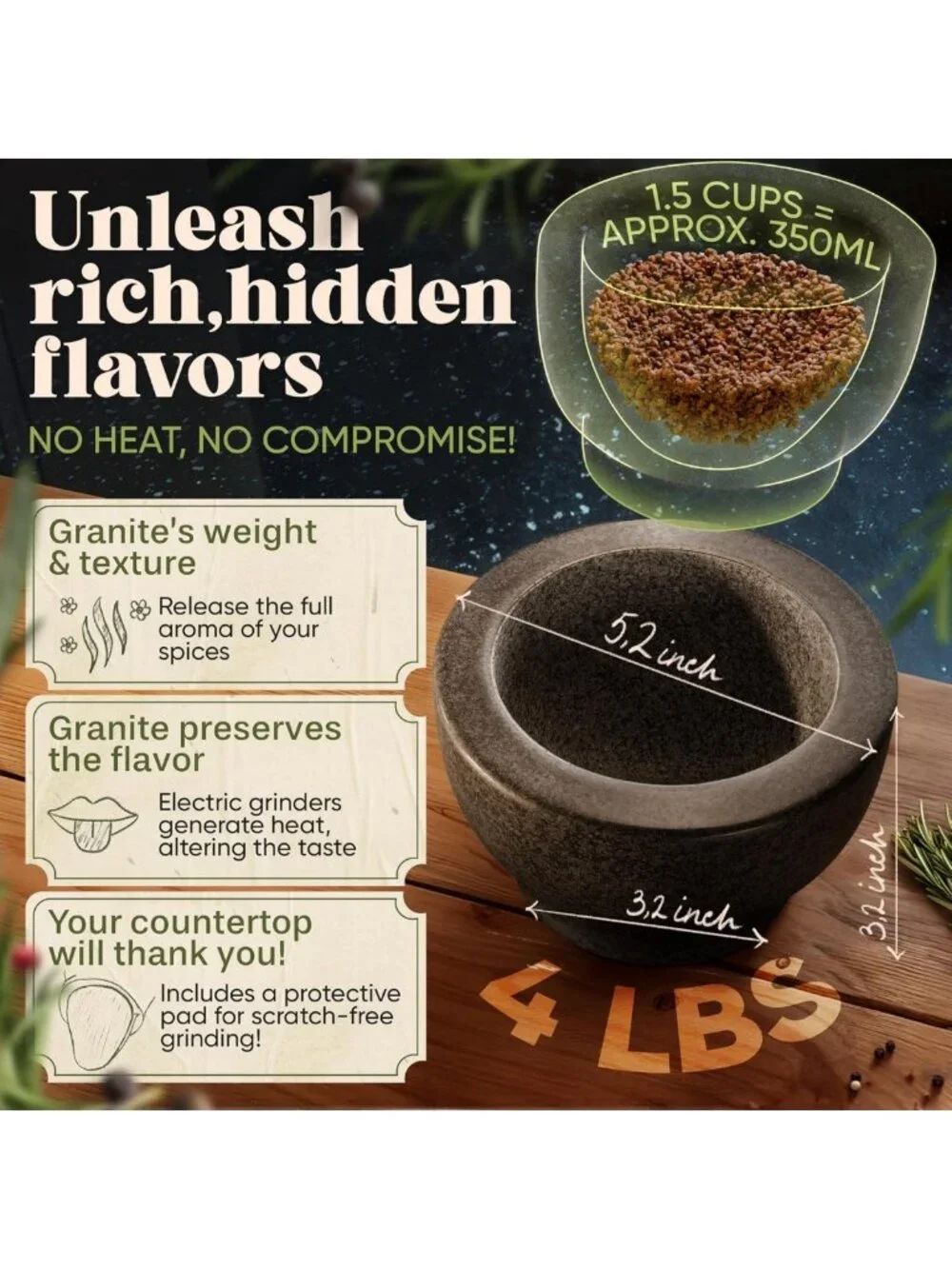 Elegant Black Mortar and Pestle Set - 1.5 Cup Capacity for Spices & Herbs